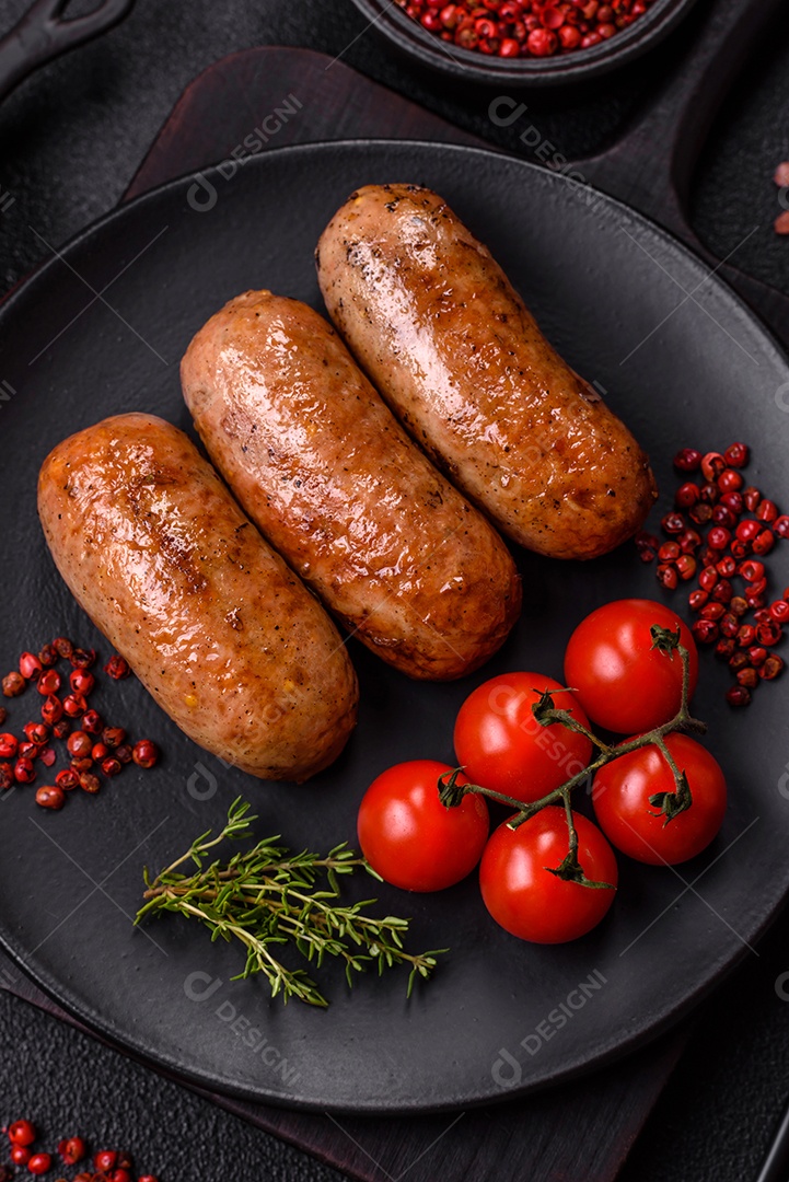Imagem mostra um prato com salsichas grelhadas ou assadas, acompanhadas de legumes e temperos.