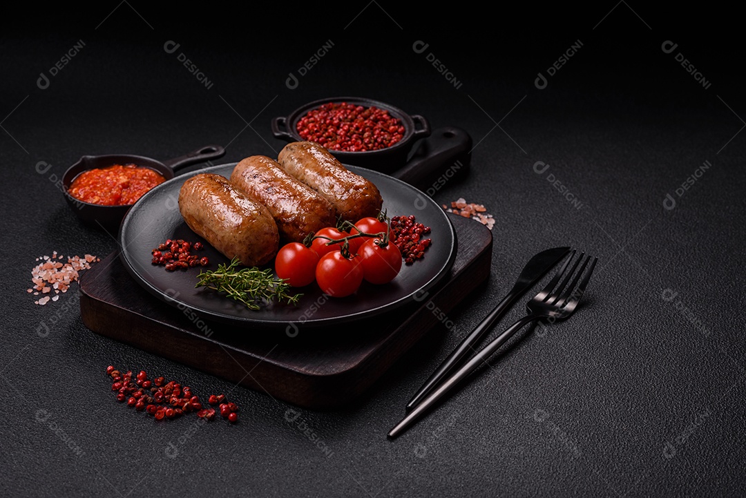 Imagem mostra um prato com salsichas grelhadas ou assadas, acompanhadas de legumes e temperos.