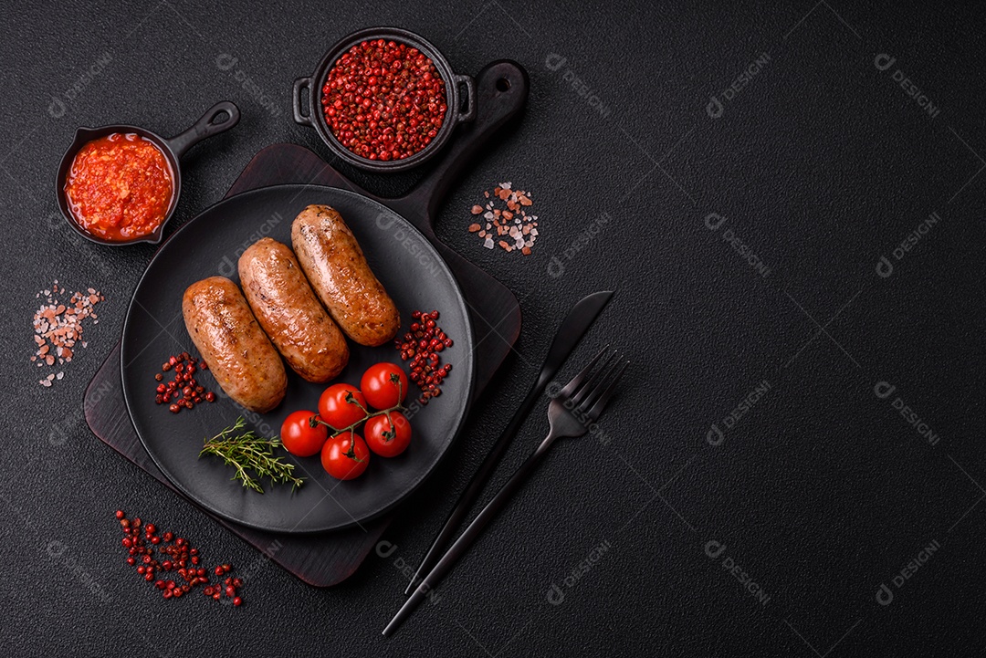 Imagem mostra um prato com salsichas grelhadas ou assadas, acompanhadas de legumes e temperos.