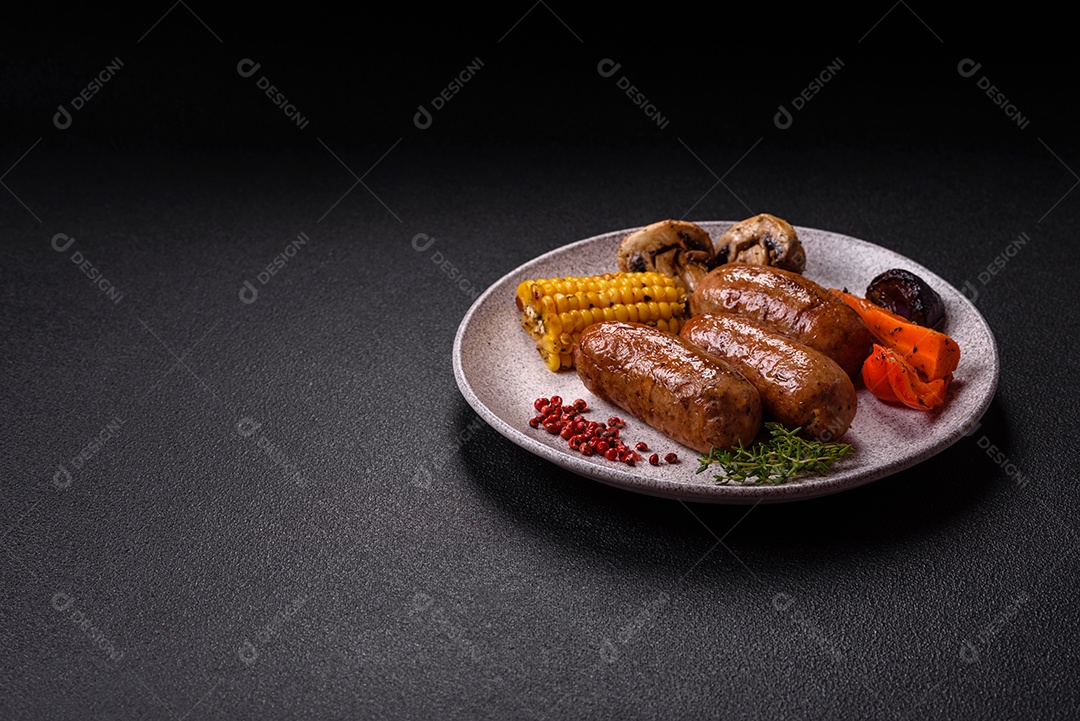 Imagem mostra um prato com salsichas grelhadas ou assadas, acompanhadas de legumes e temperos.