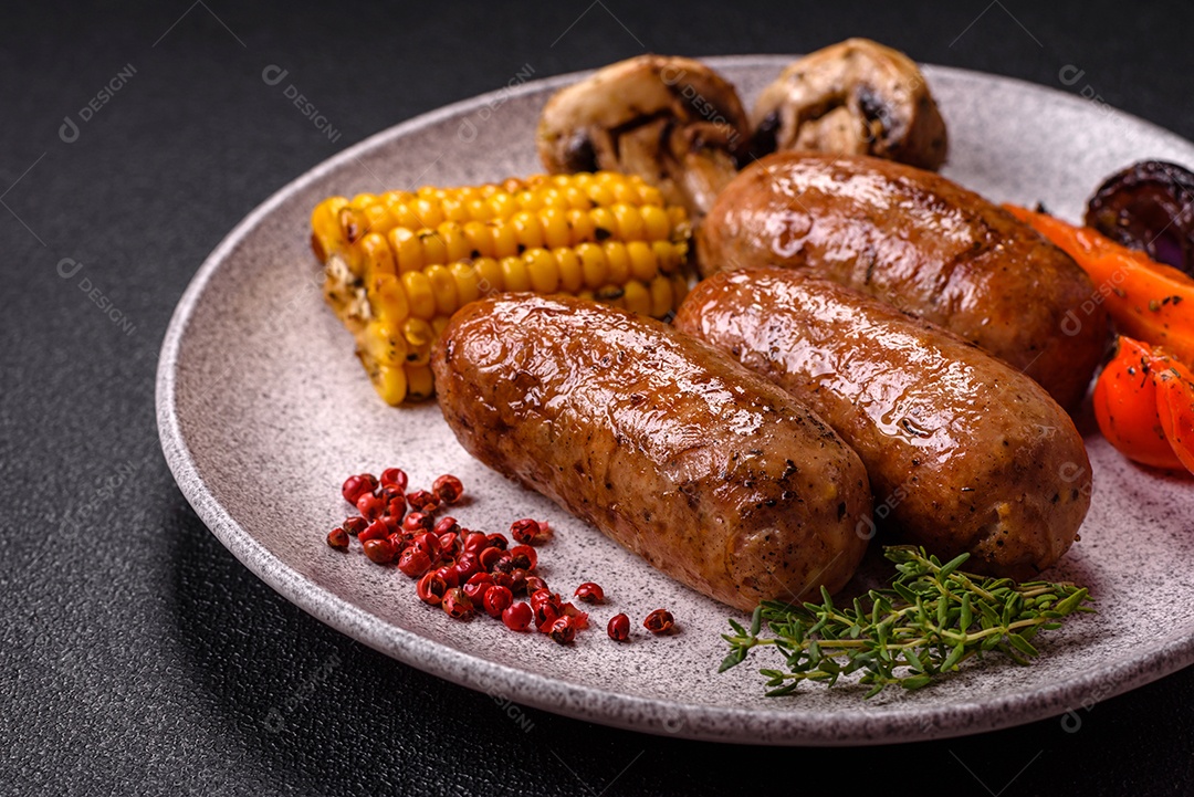 Imagem mostra um prato com salsichas grelhadas ou assadas, acompanhadas de legumes e temperos.