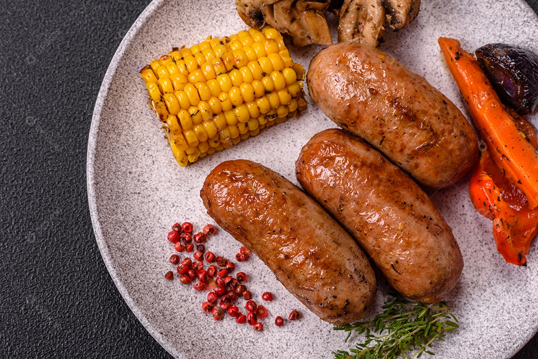 Imagem mostra um prato com salsichas grelhadas ou assadas, acompanhadas de legumes e temperos.