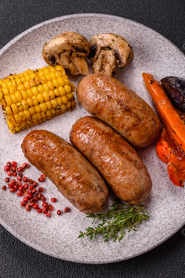 Imagem mostra um prato com salsichas grelhadas ou assadas, acompanhadas de legumes e temperos.