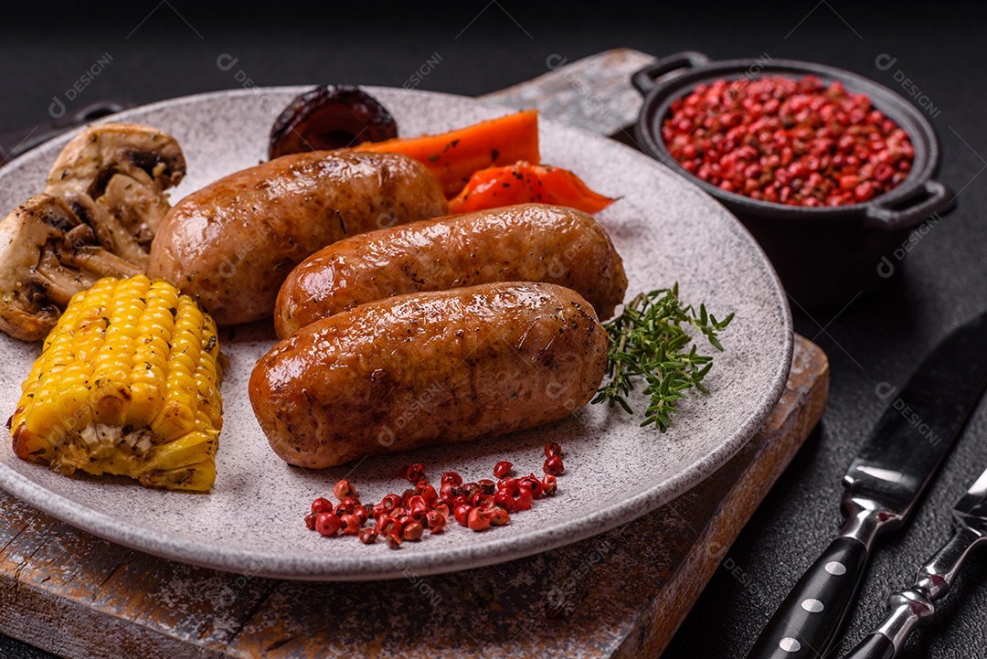 Imagem mostra um prato com salsichas grelhadas ou assadas, acompanhadas de legumes e temperos.