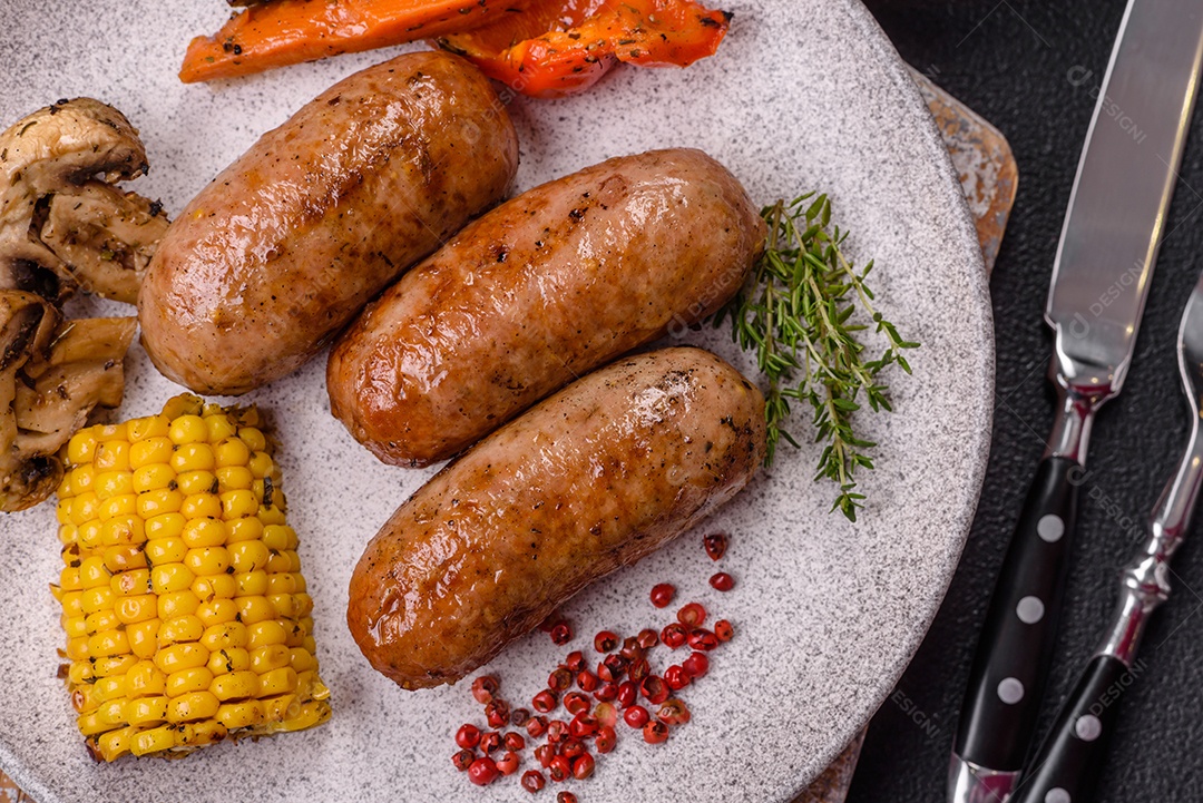 Imagem mostra um prato com salsichas grelhadas ou assadas, acompanhadas de legumes e temperos.