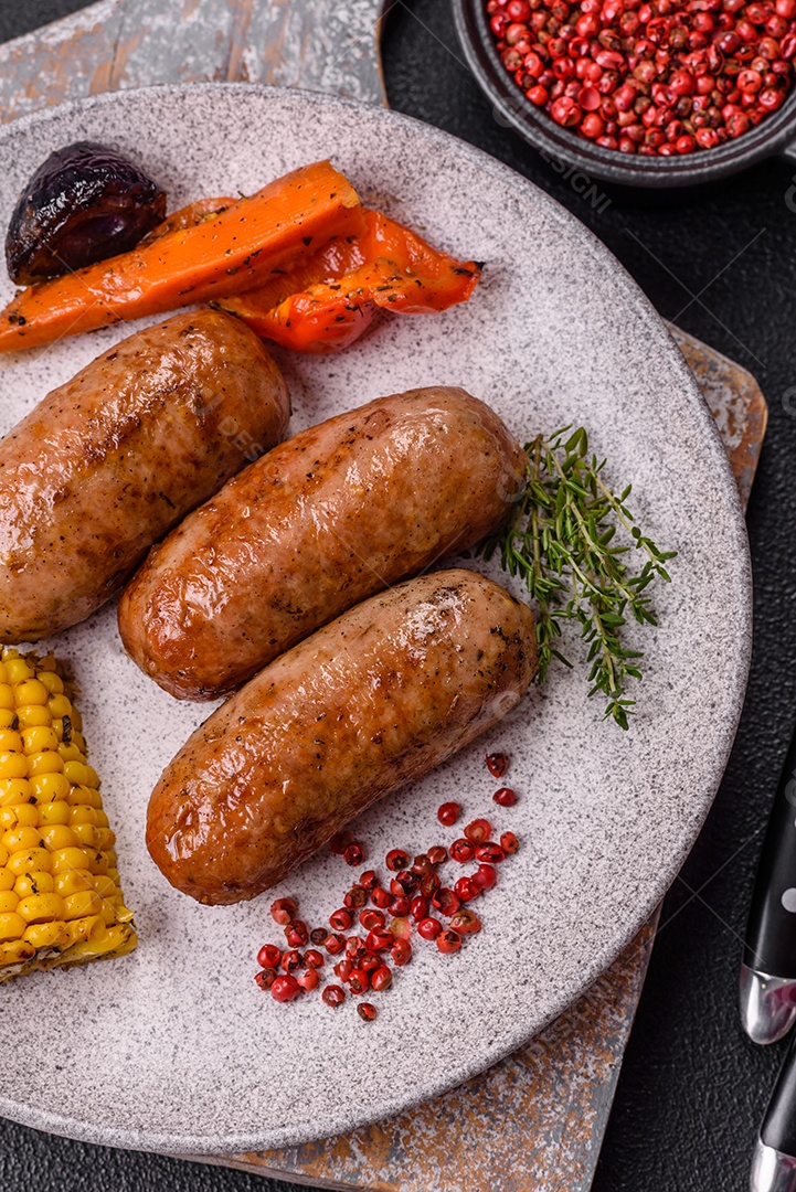 Imagem mostra um prato com salsichas grelhadas ou assadas, acompanhadas de legumes e temperos.