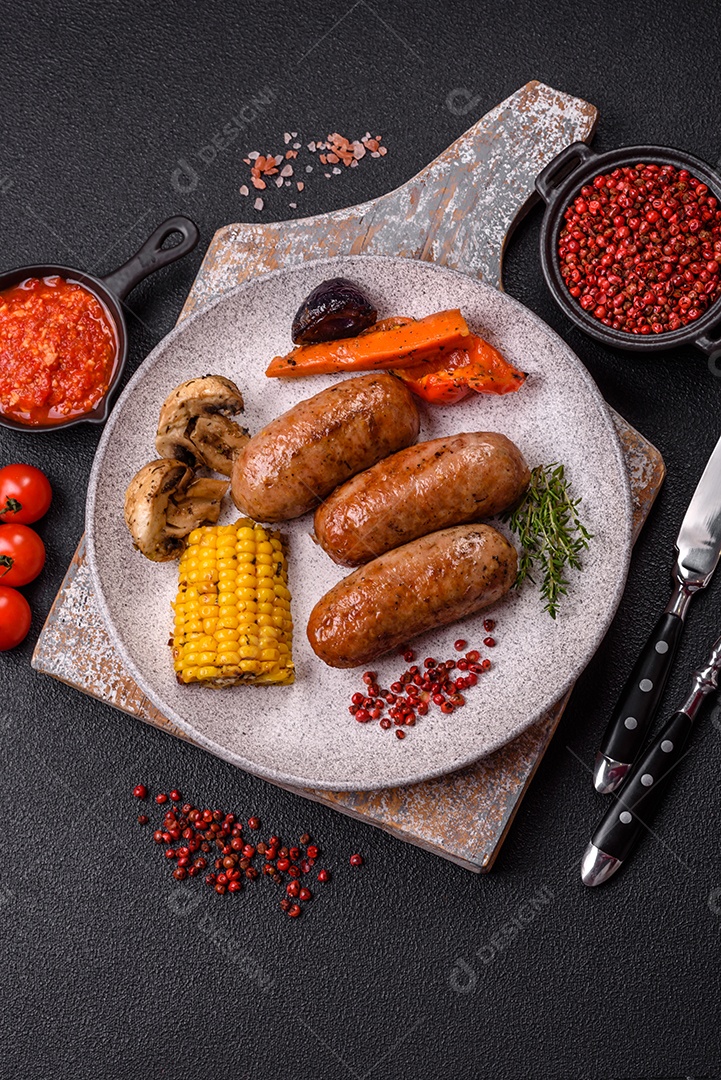 Imagem mostra um prato com salsichas grelhadas ou assadas, acompanhadas de legumes e temperos.