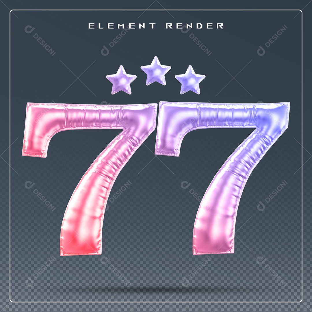 Elemento 3D Número 77 Colorido para Composição PSD