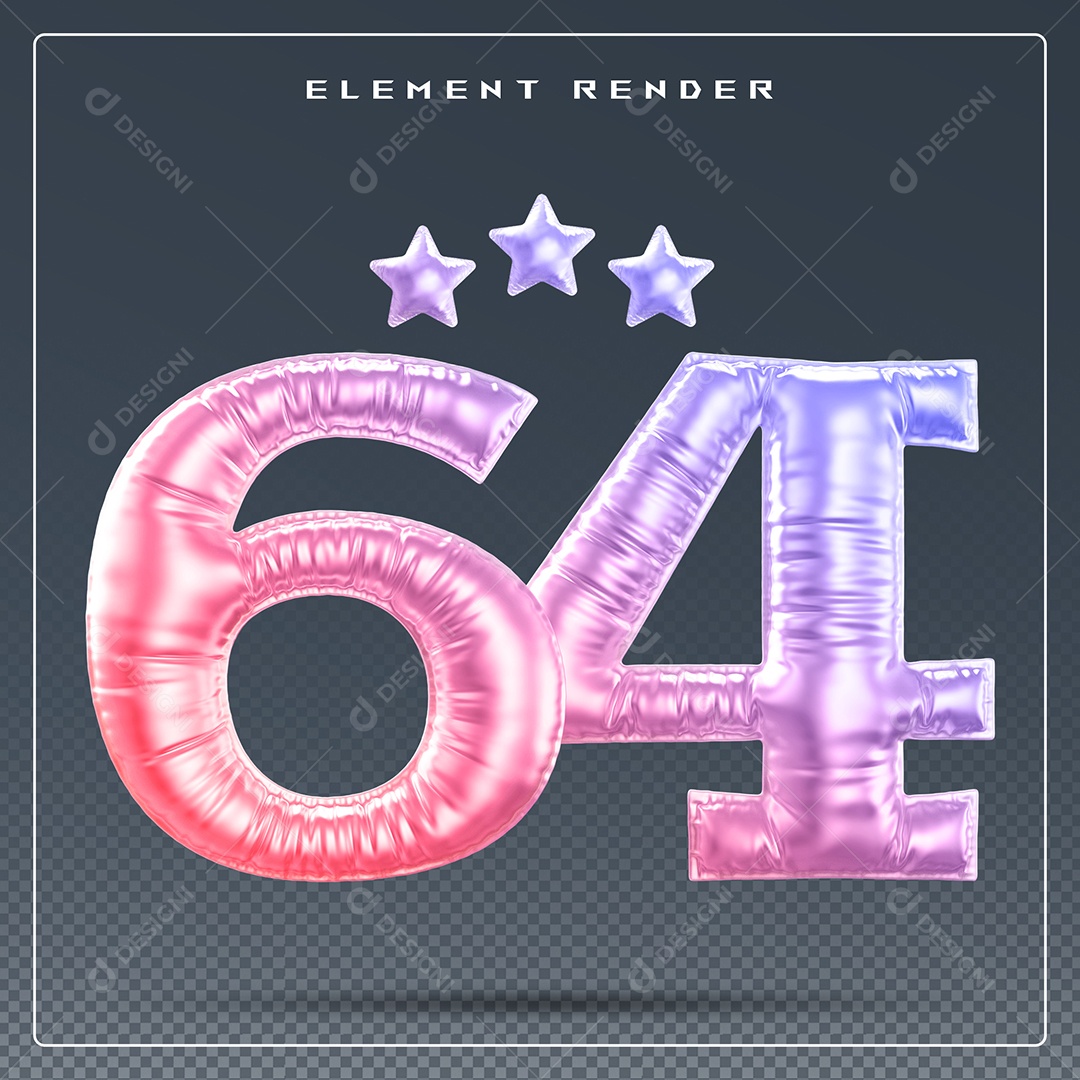 Elemento 3D Número 64 Colorido para Composição PSD