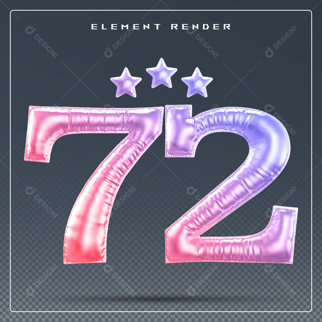 Elemento 3D Número 72 Colorido para Composição PSD