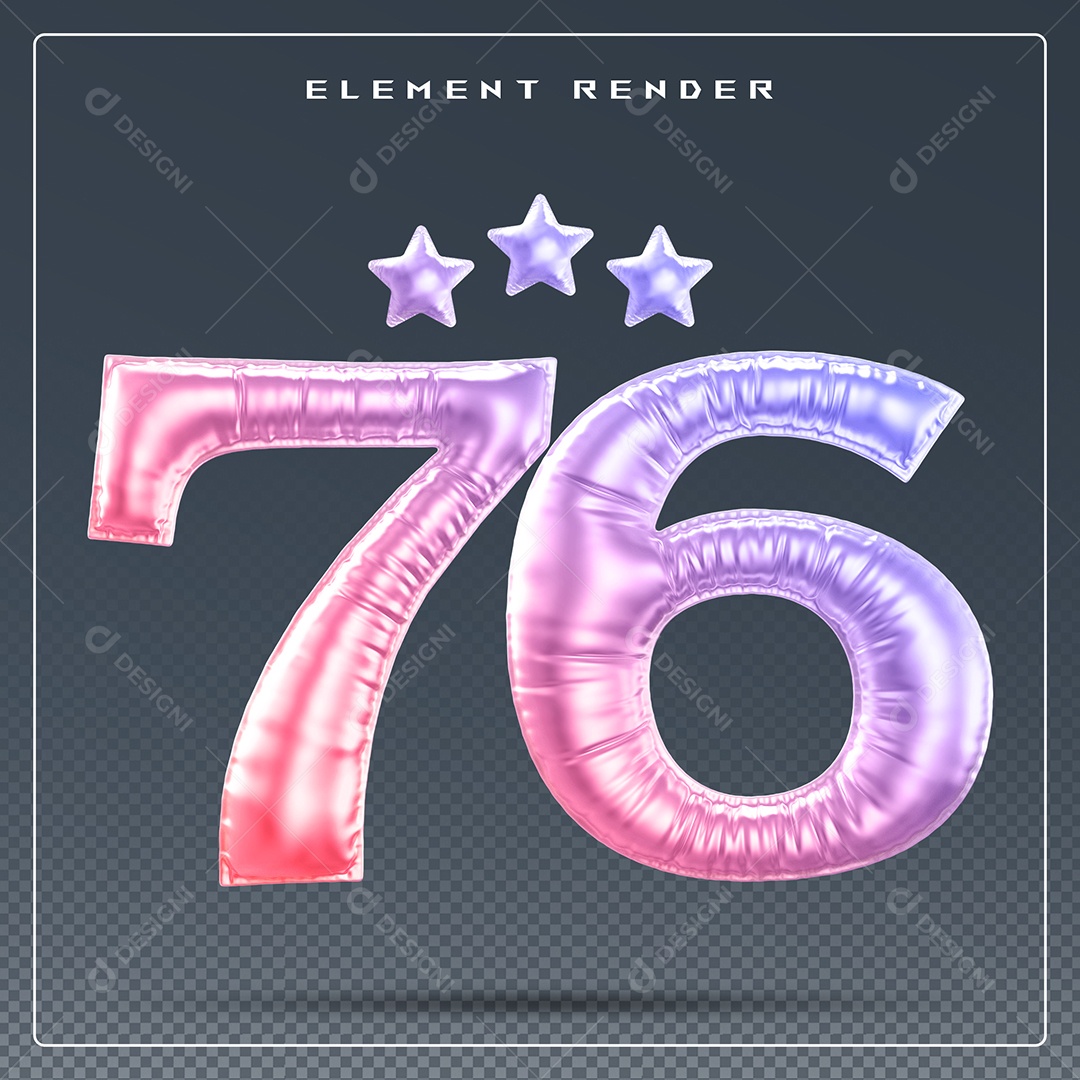 Elemento 3D Número 76 Colorido para Composição PSD