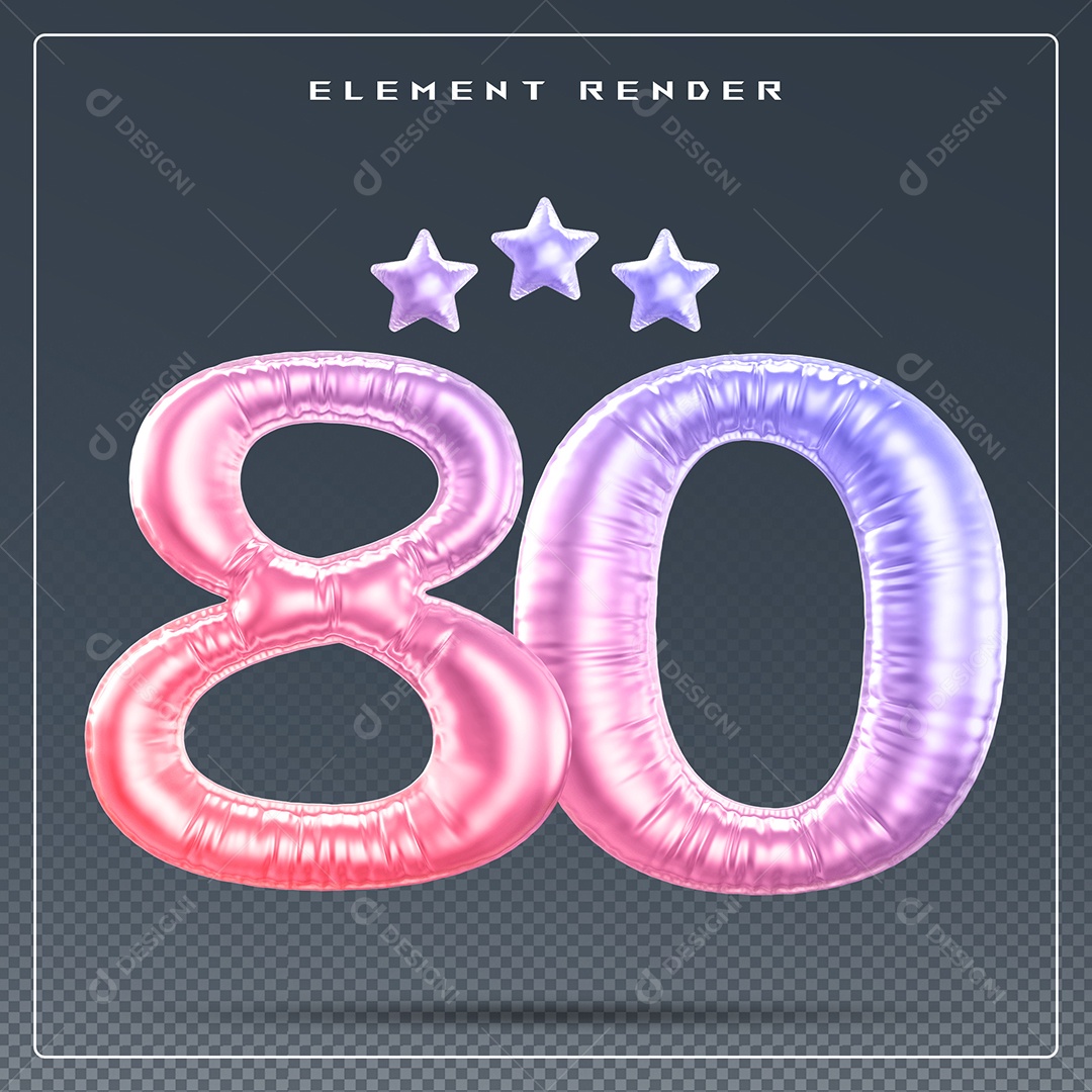 Elemento 3D Número 80 Colorido para Composição PSD