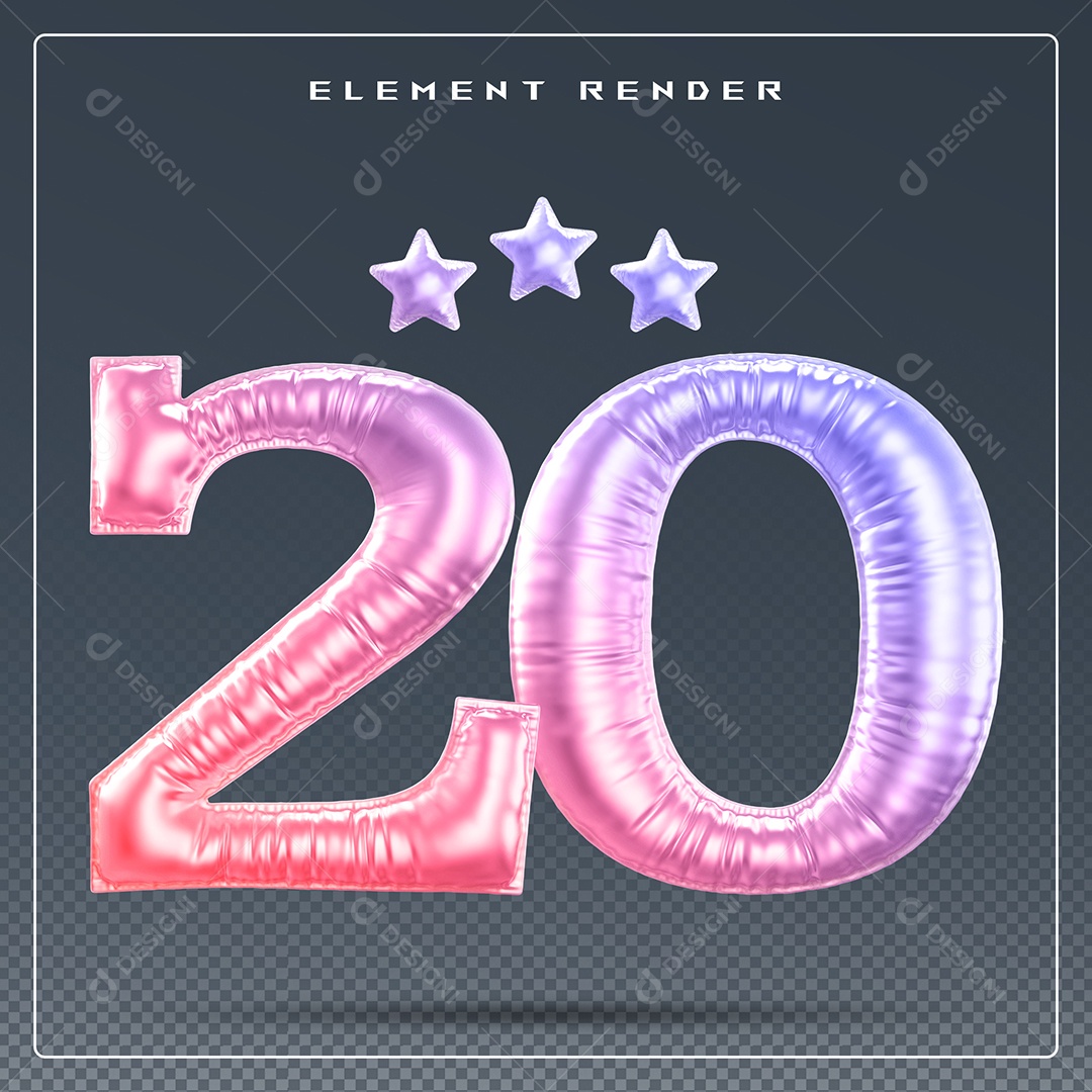 Elemento 3D Número 20 Colorido para Composição PSD