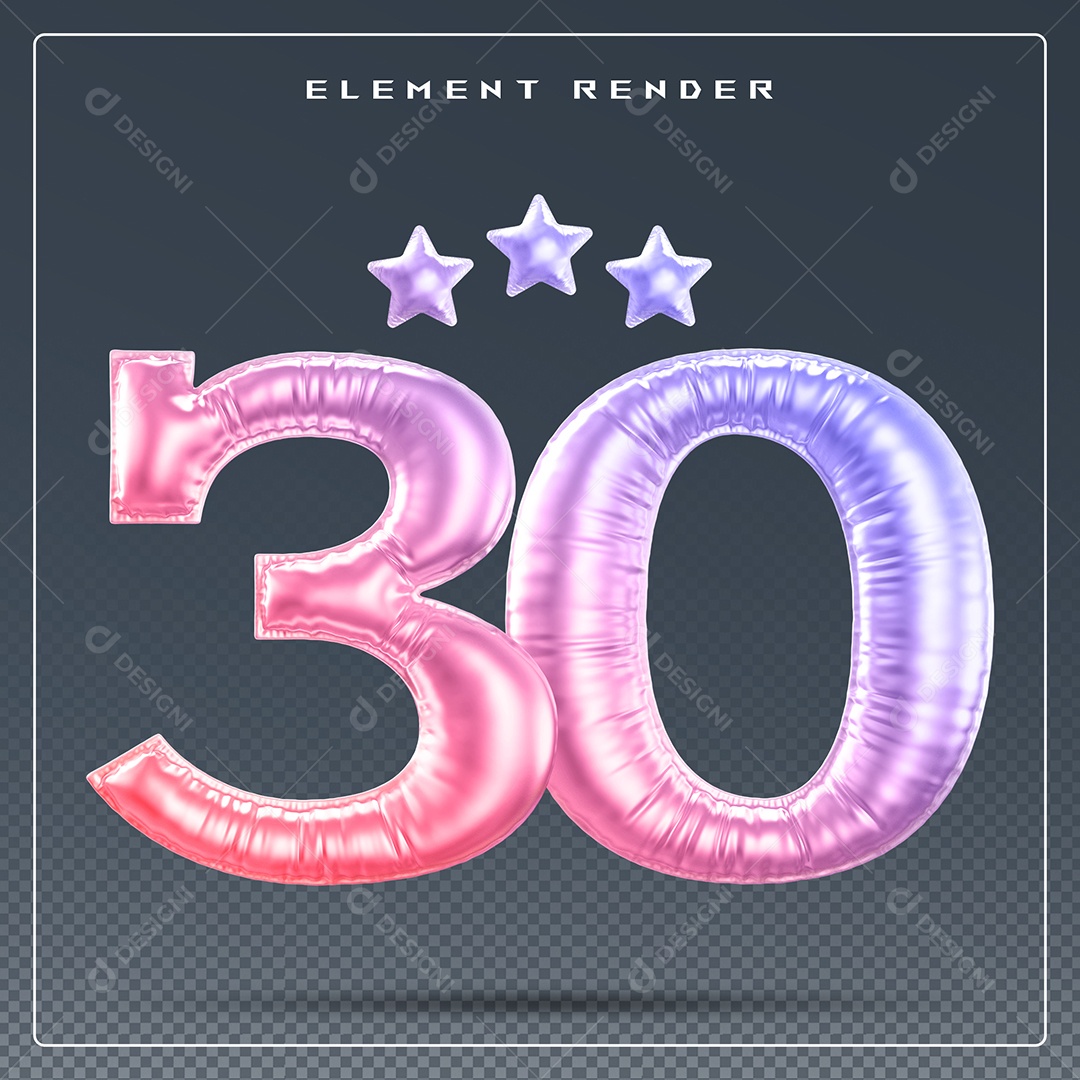 Elemento 3D Número 30 Colorido para Composição PSD