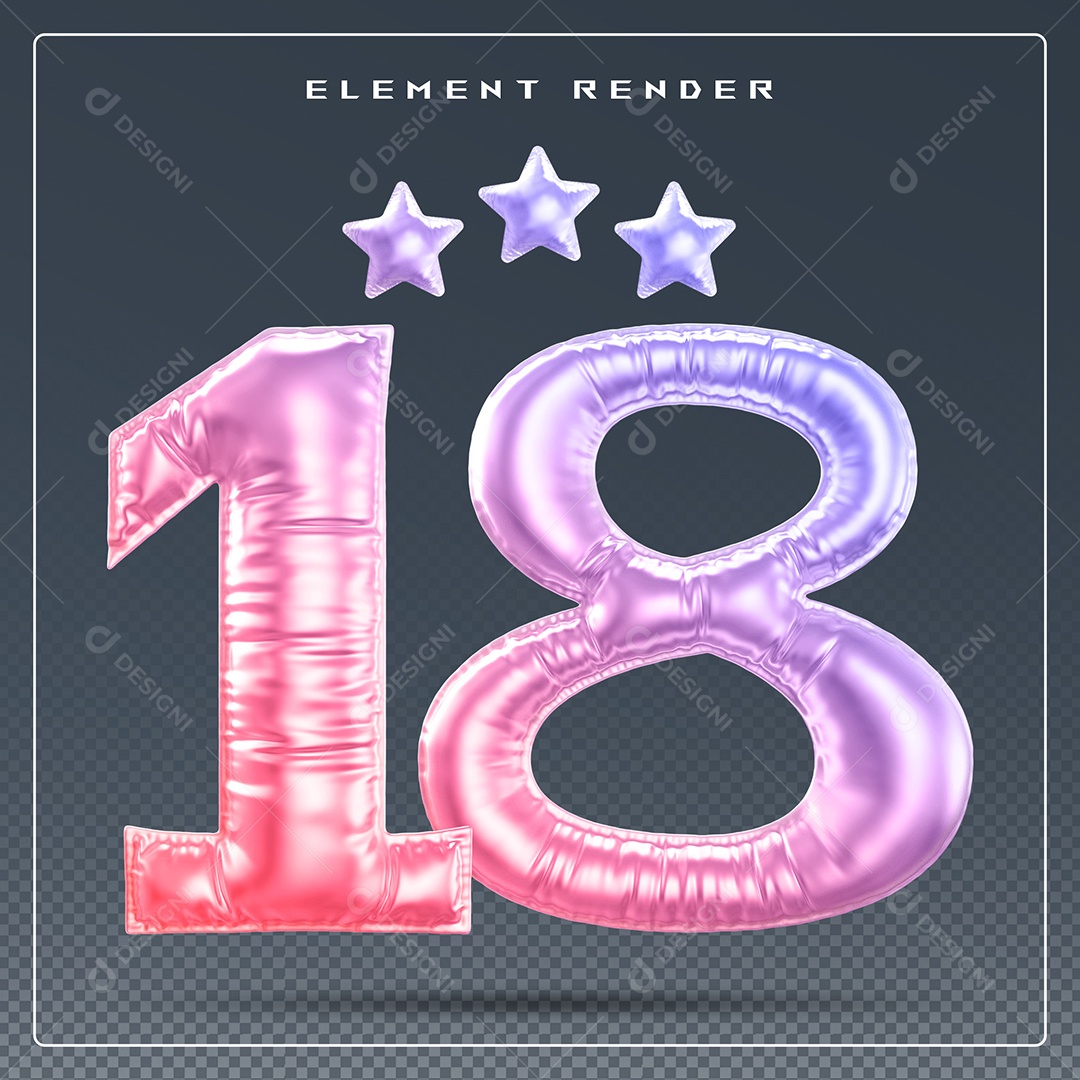Elemento 3D Número 18 Colorido para Composição PSD