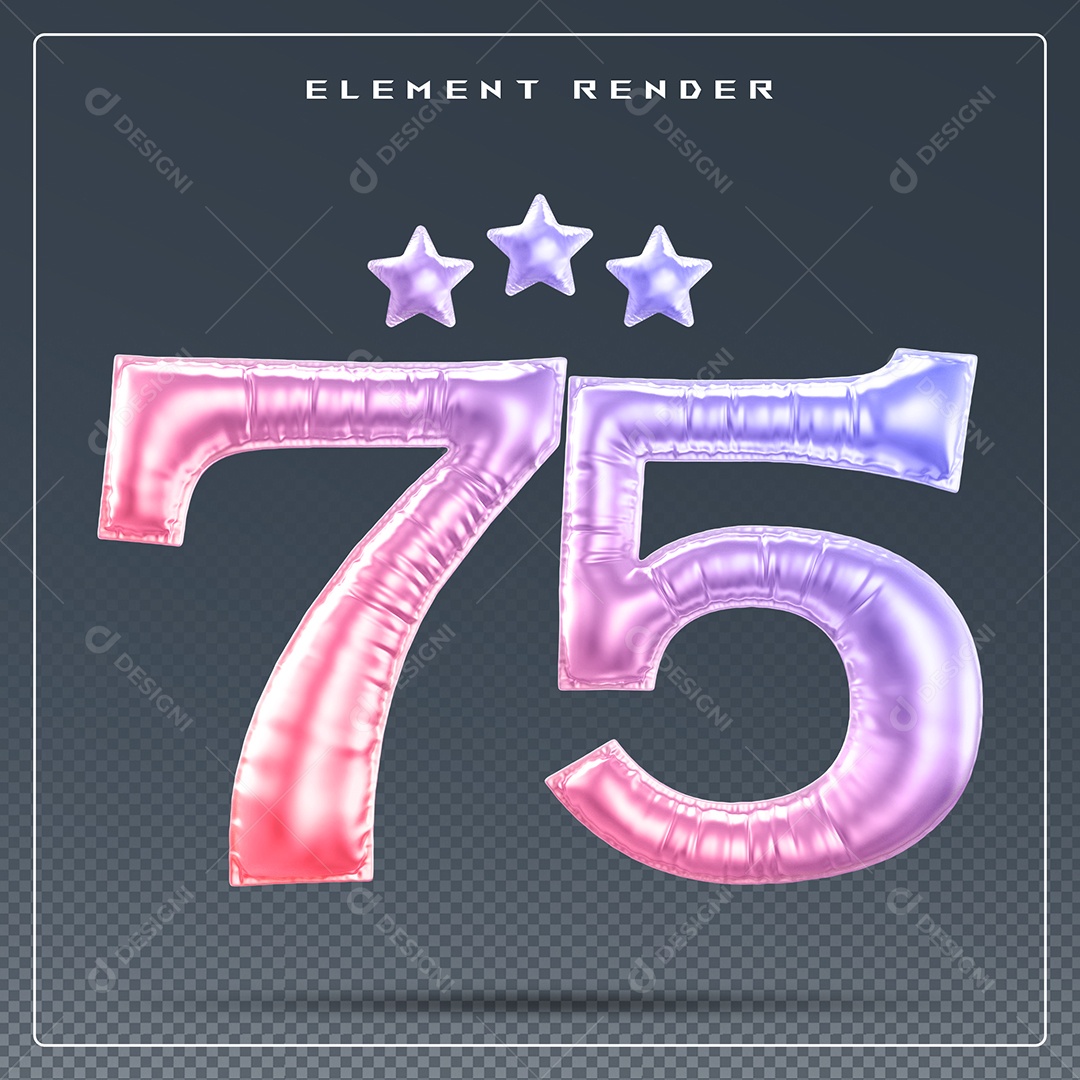 Elemento 3D Número 75 Colorido para Composição PSD