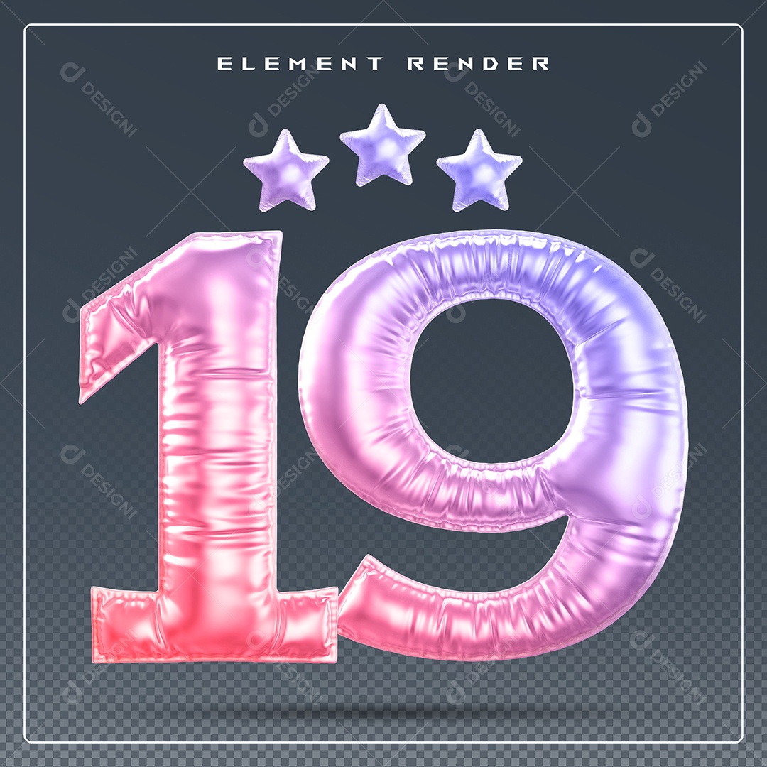Elemento 3D Número 19 Colorido para Composição PSD