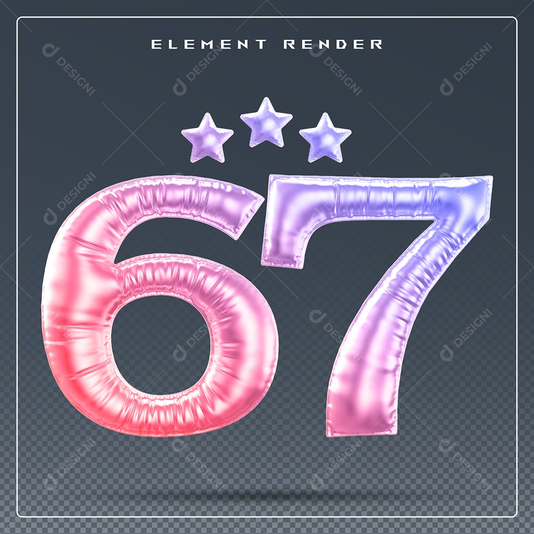 Elemento 3D Número 67 Colorido para Composição PSD