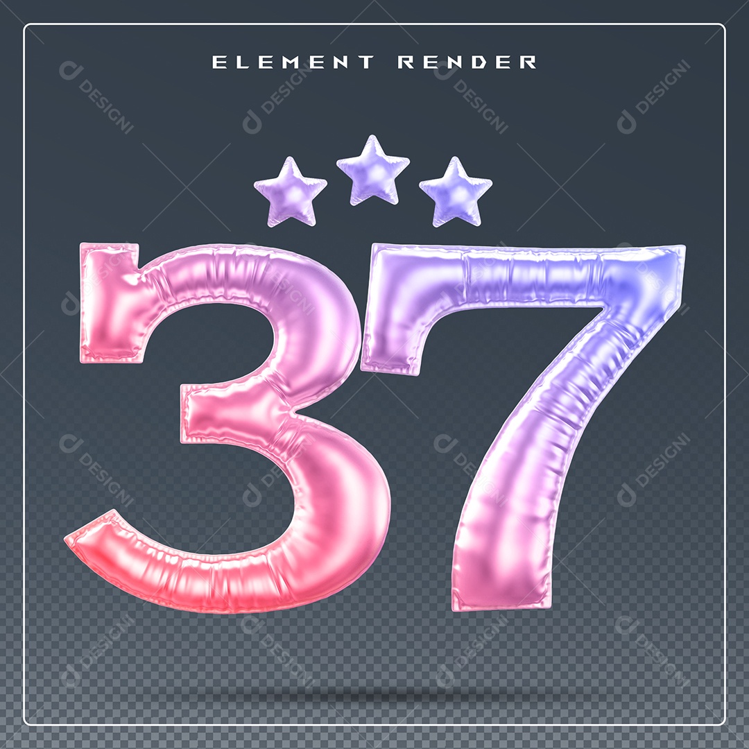 Elemento 3D Número 37 Colorido para Composição PSD
