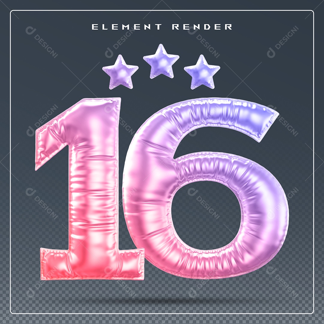 Elemento 3D Número 16 Colorido para Composição PSD