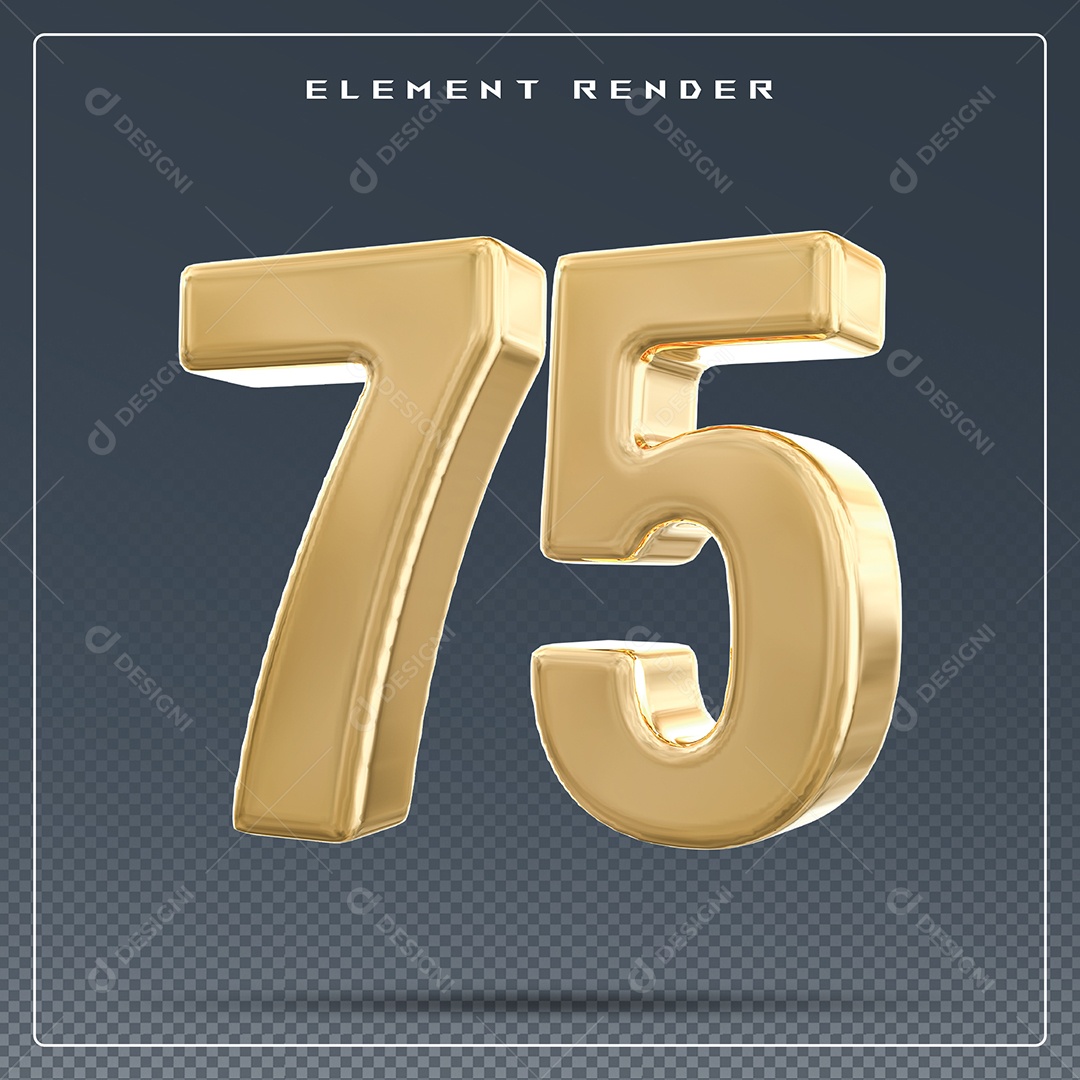 Elemento 3D Número 75 Dourado para Composição PSD