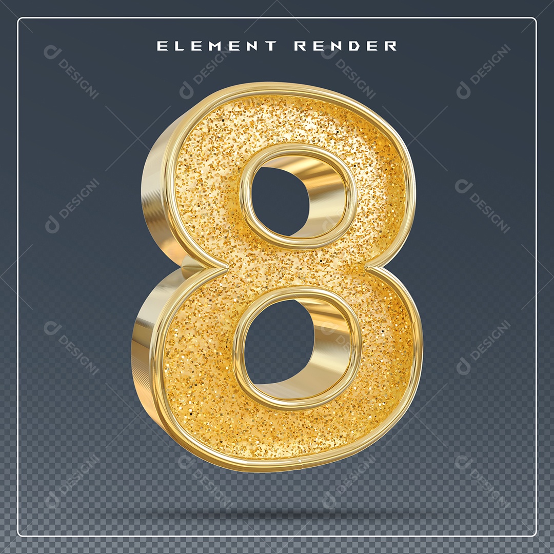 Elemento 3D Número 8 Dourado para Composição PSD