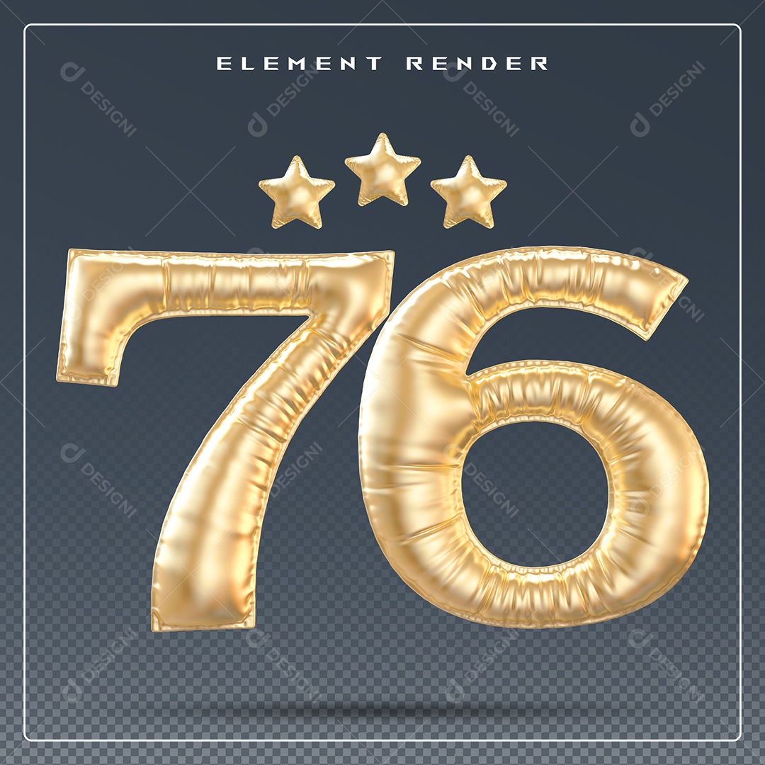 Elemento 3D Número 76 Dourado para Composição PSD