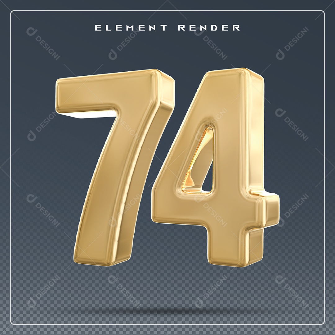 Elemento 3D Número 74 Dourado para Composição PSD