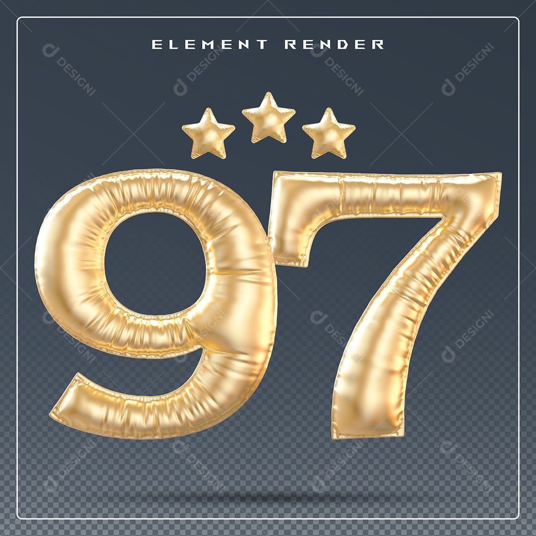 Elemento 3D Número 97 Dourado para Composição PSD
