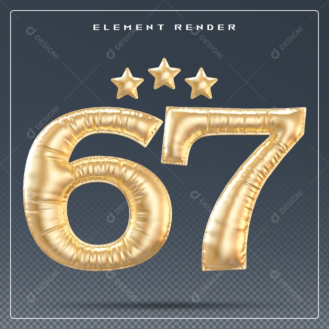 Elemento 3D Número 67 Dourado para Composição PSD
