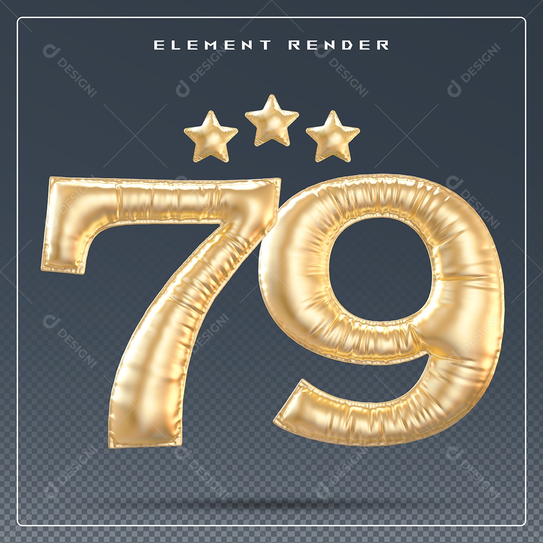 Elemento 3D Número 79 Dourado para Composição PSD