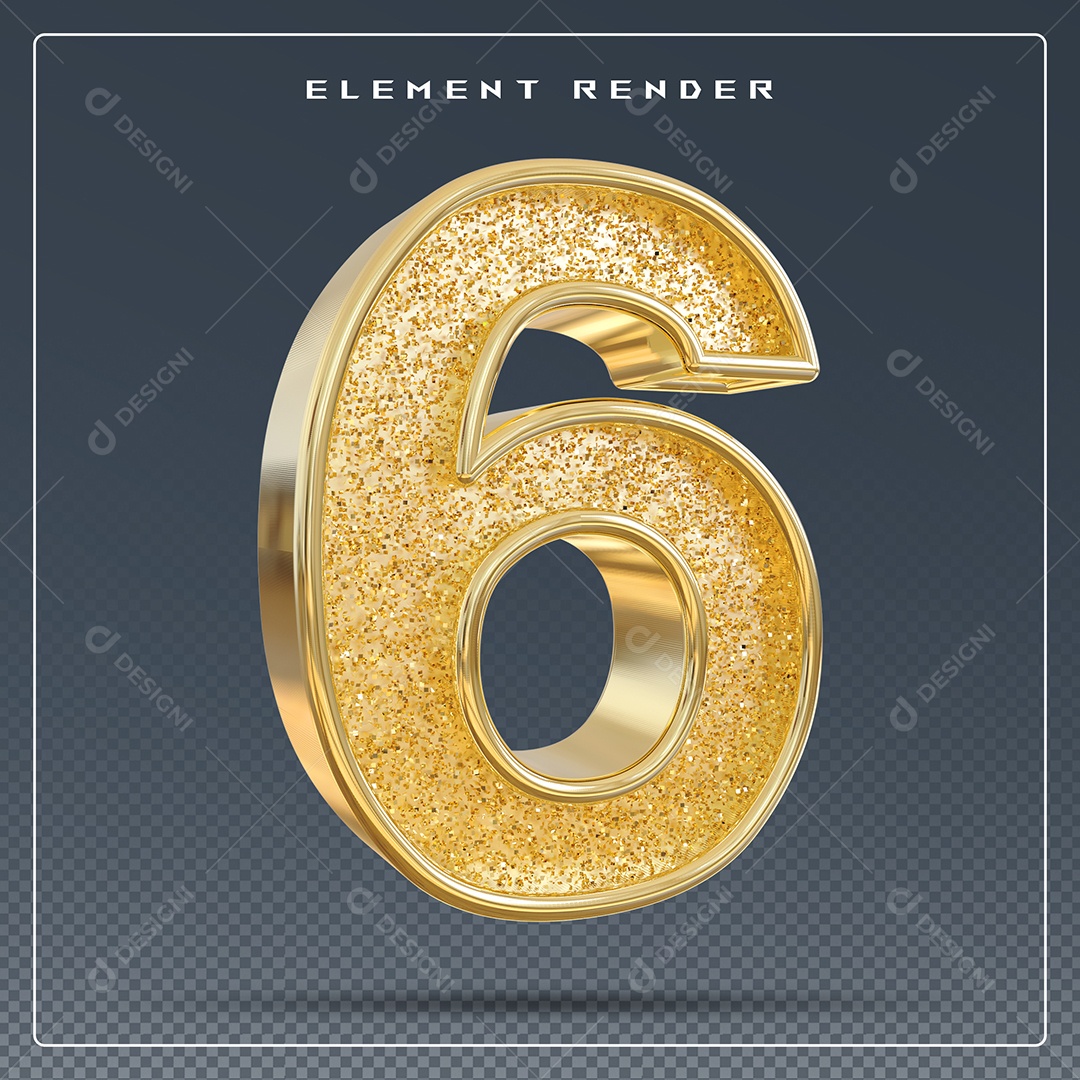 Elemento 3D Número 6 Dourado para Composição PSD
