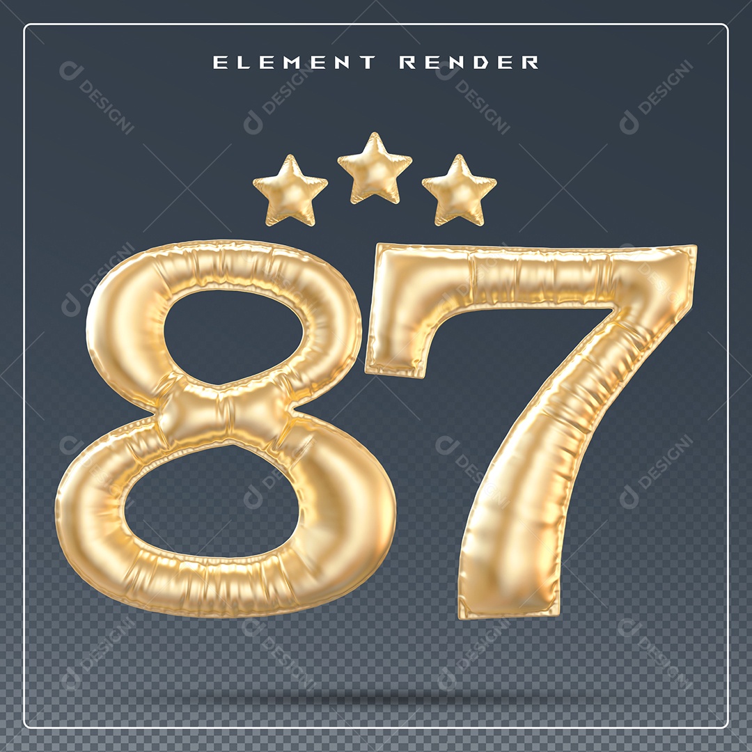 Elemento 3D Número 87 Dourado para Composição PSD