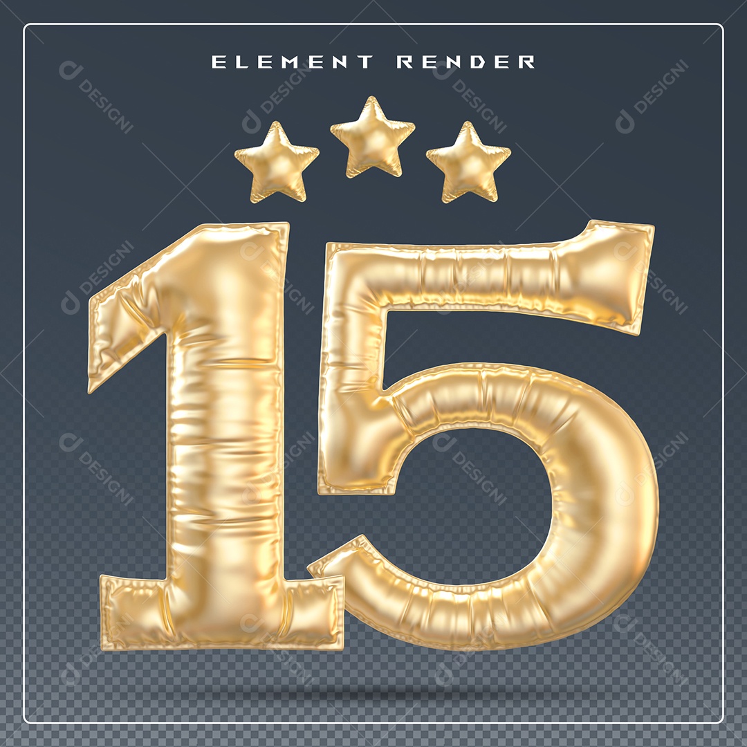 Elemento 3D Número 15 Dourado para Composição PSD