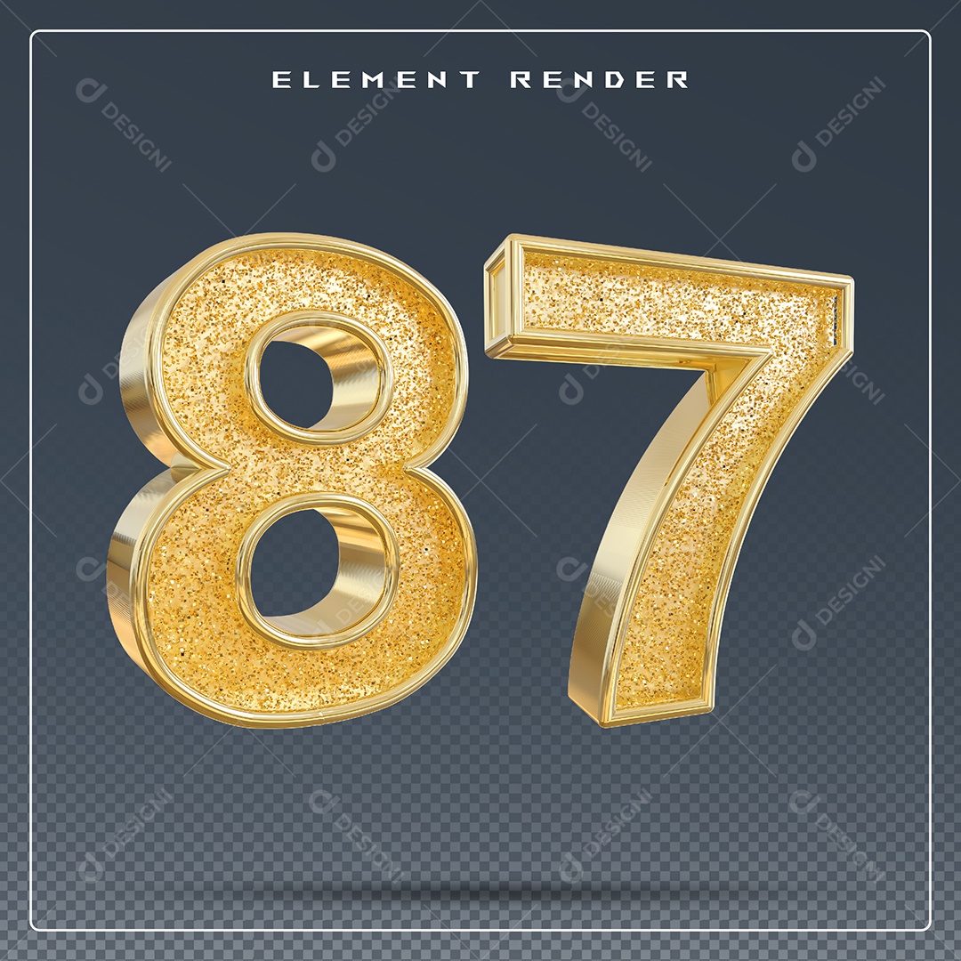 Elemento 3D Número 87 Dourado para Composição PSD