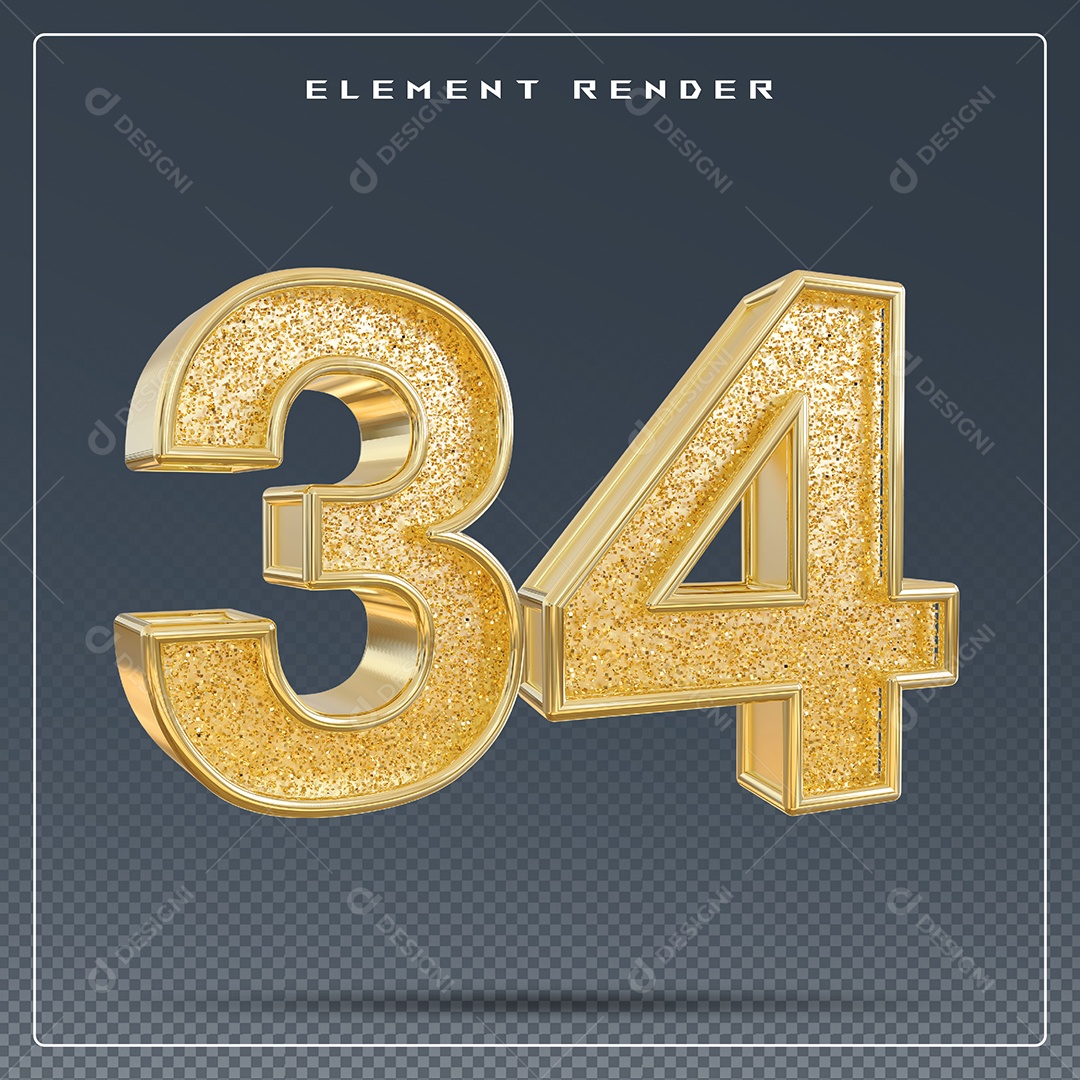 Elemento 3D Número 34 Dourado para Composição PSD
