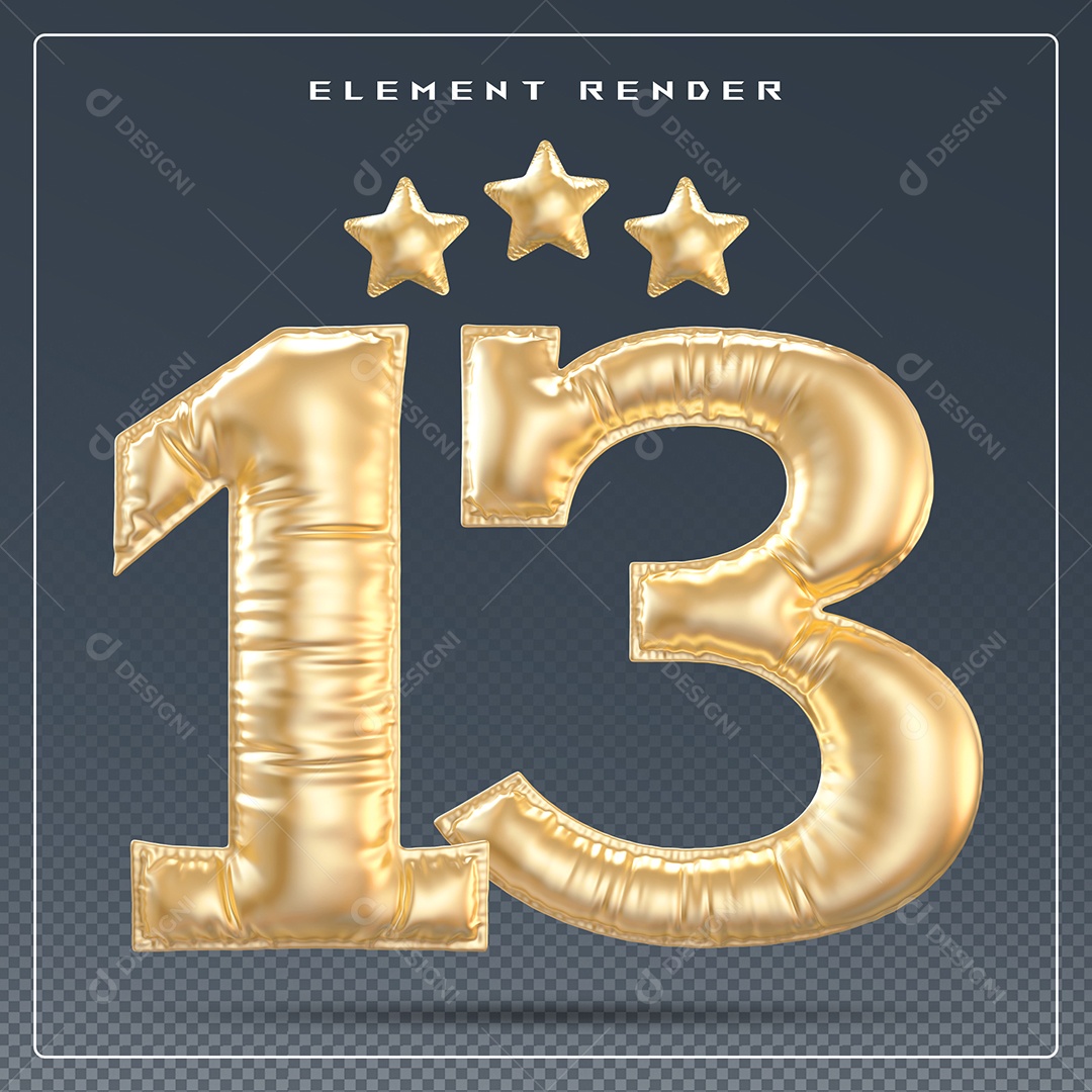 Elemento 3D Número 13 Dourado para Composição PSD
