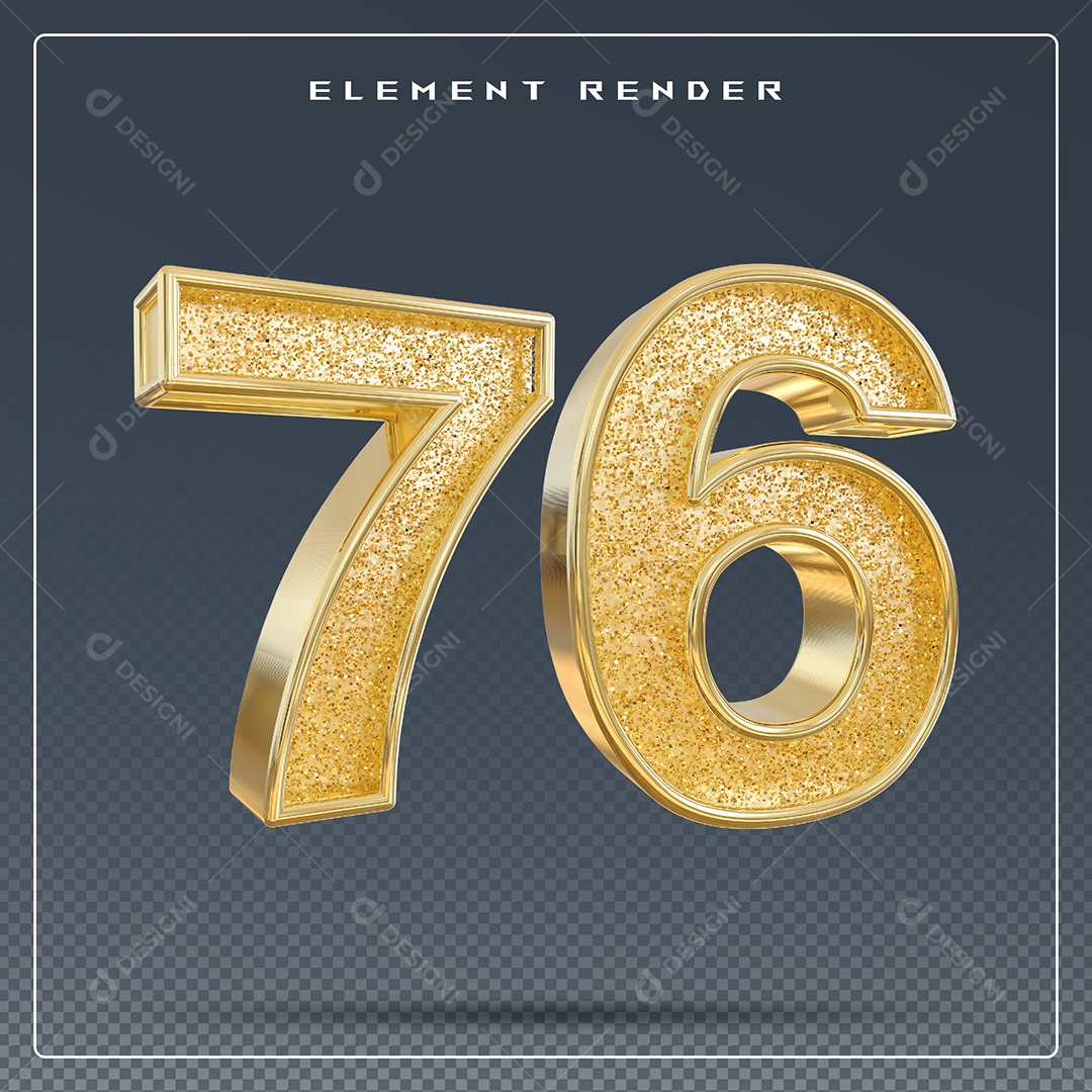 Elemento 3D Número 76 Dourado para Composição PSD