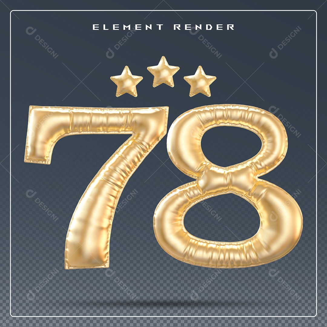 Elemento 3D Número 78 Dourado para Composição PSD
