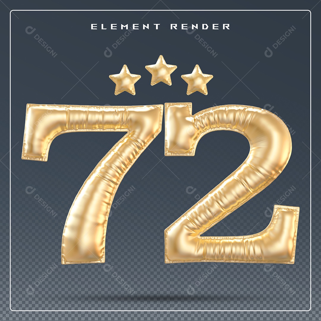 Elemento 3D Número 72 Dourado para Composição PSD