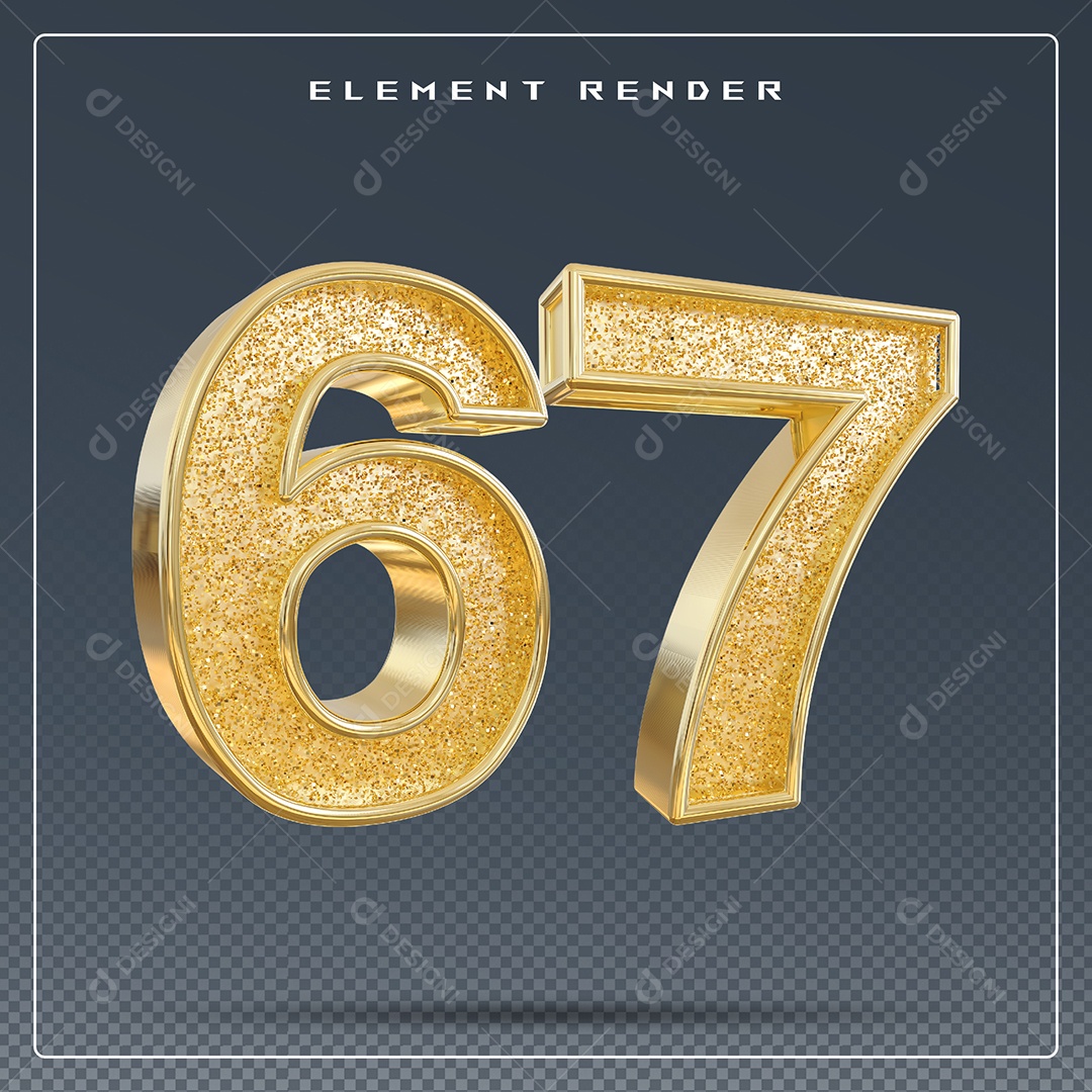 Elemento 3D Número 67 Dourado para Composição PSD