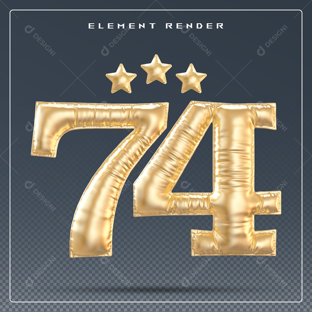 Elemento 3D Número 74 Dourado para Composição PSD