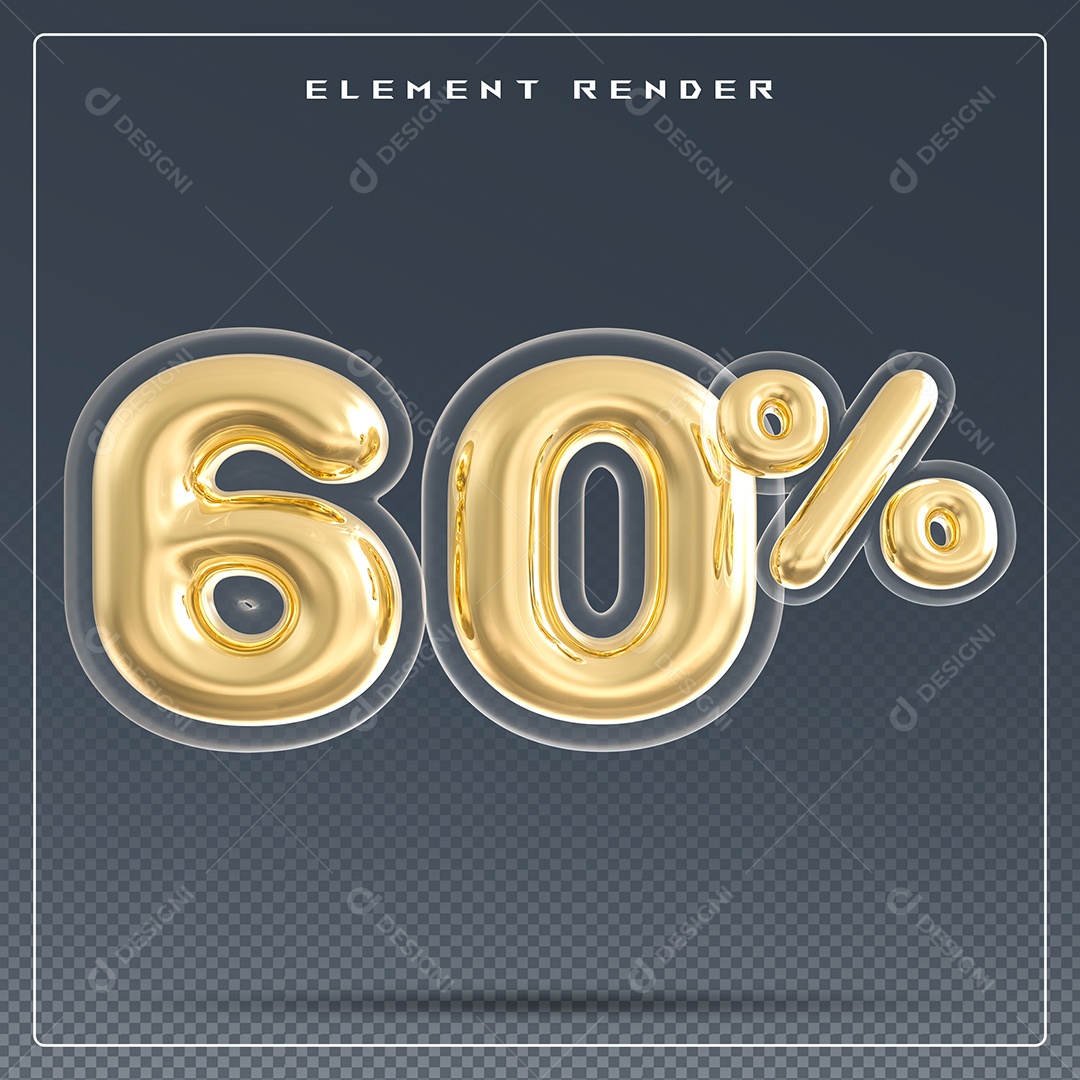 Elemento 3D Número 60% Dourado para Composição PSD