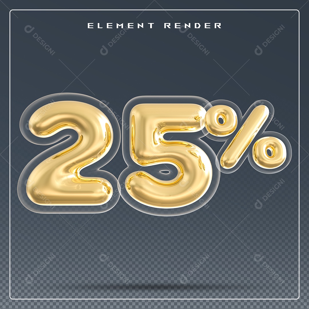 Elemento 3D Número 25% Dourado para Composição PSD