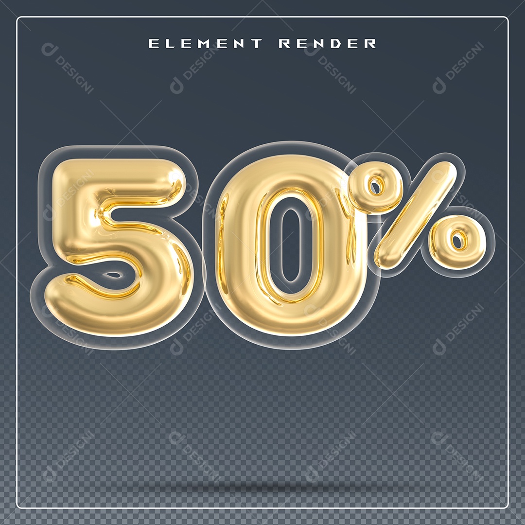 Elemento 3D Número 50% Dourado para Composição PSD