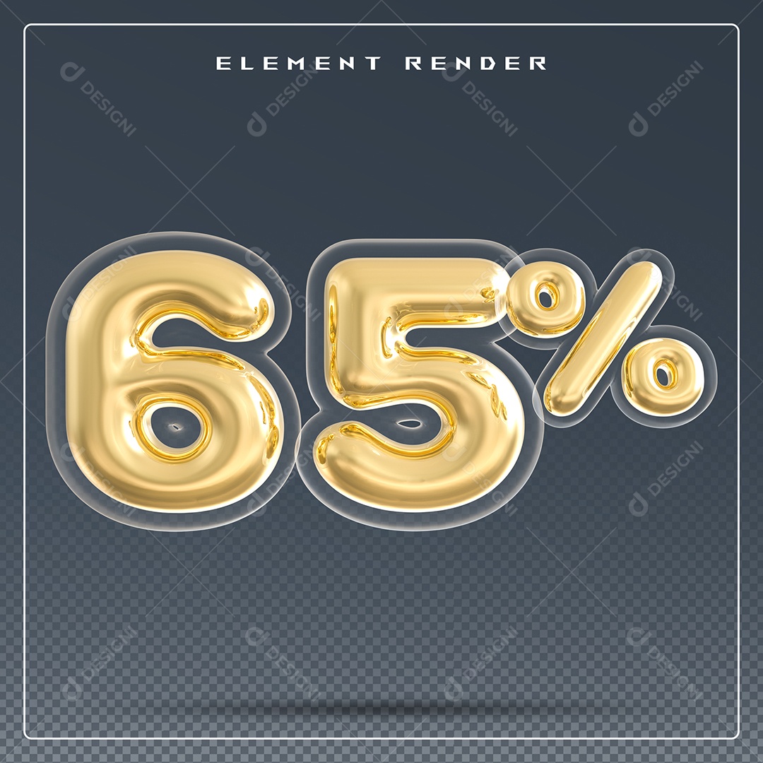 Elemento 3D Número 65% Dourado para Composição PSD