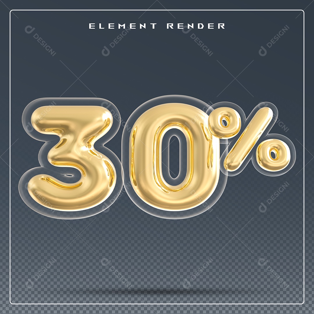 Elemento 3D Número 30% Dourado para Composição PSD