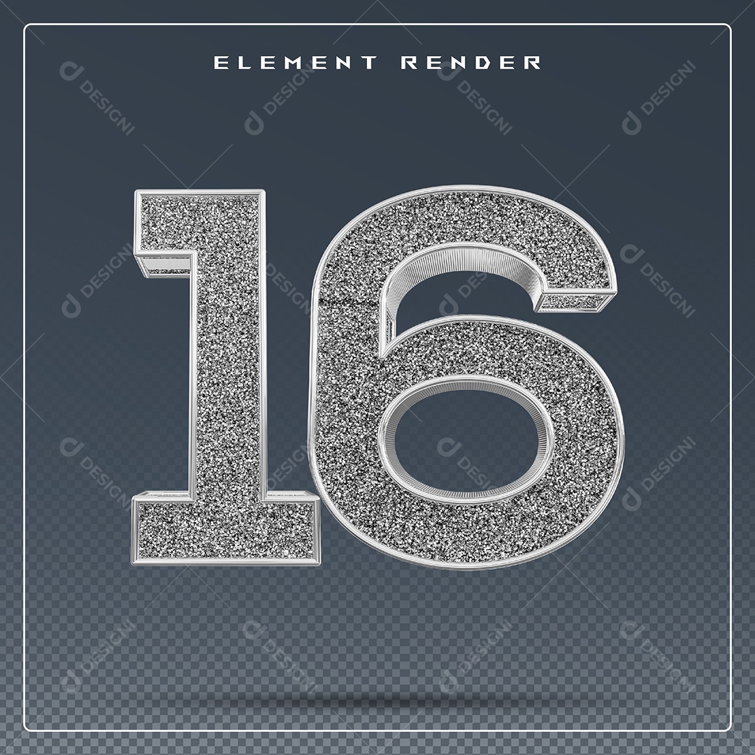 Elemento 3D Número 16 Cinza para Composição PSD