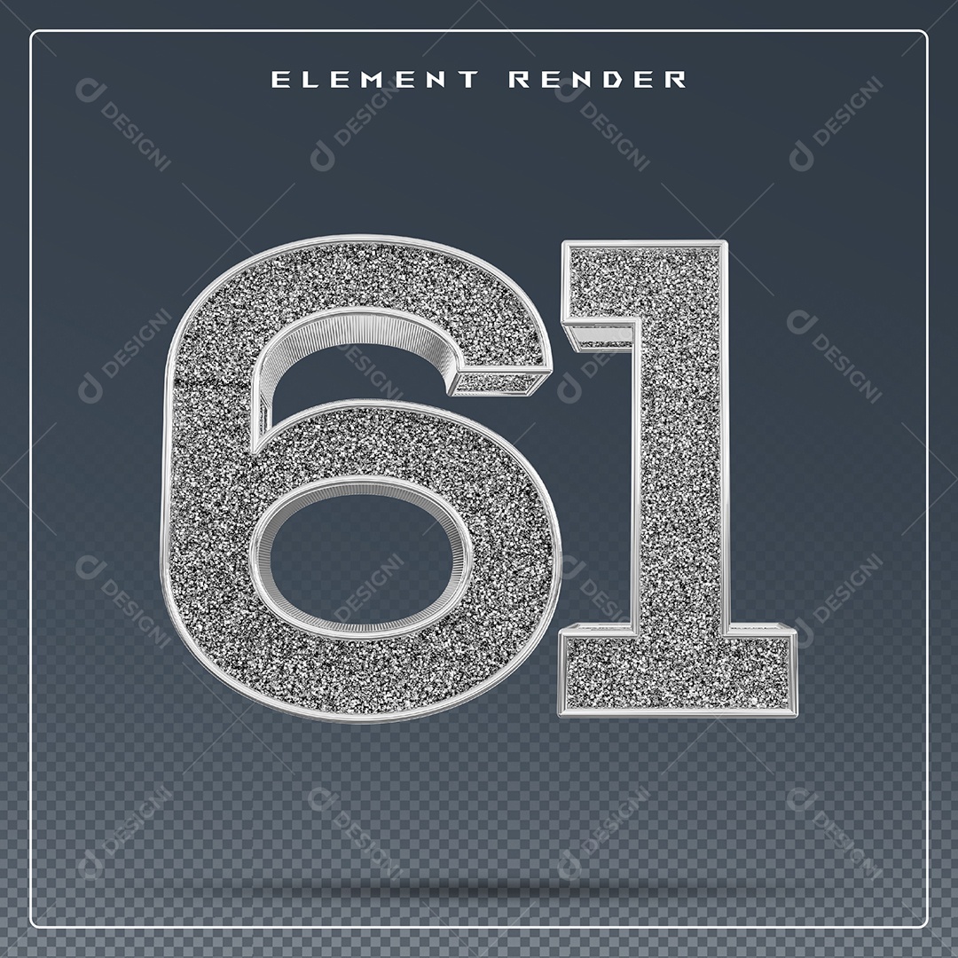 Elemento 3D Número 61 Cinza para Composição PSD