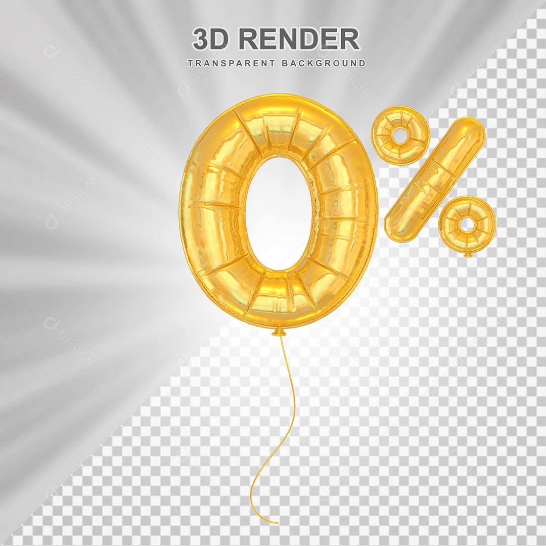 Elemento 3D Balão Dourado de Número 0% para Composição PSD